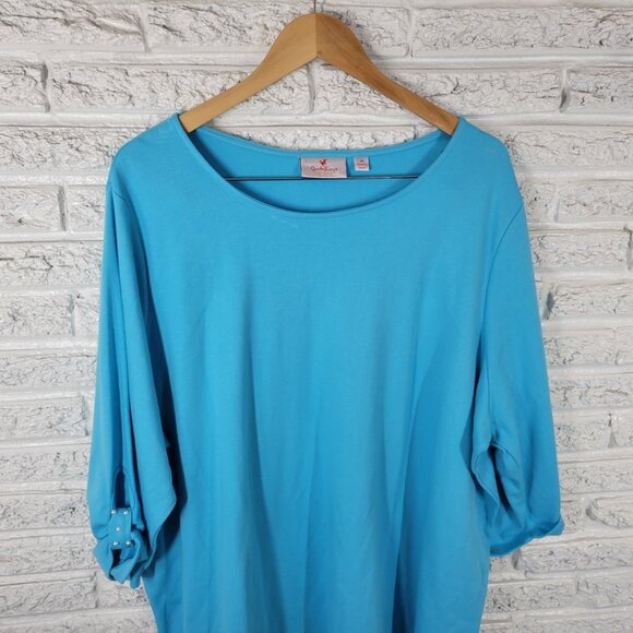 Quacker Factory Womens Top 3X Plus Tunic Roll Tab Sleeve Faux Pearls BLU206E - Picture 3 of 10